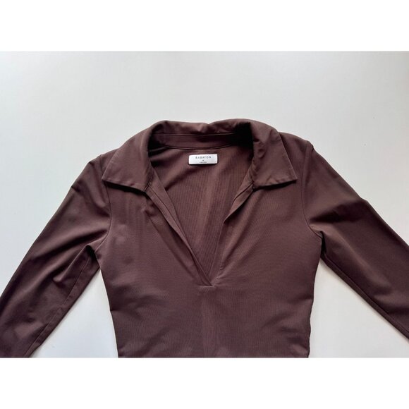 Aritzia BABATON Contour Brown Jersey Polo Long Sleeve Waist T-Shirt, Size M - Picture 6 of 13